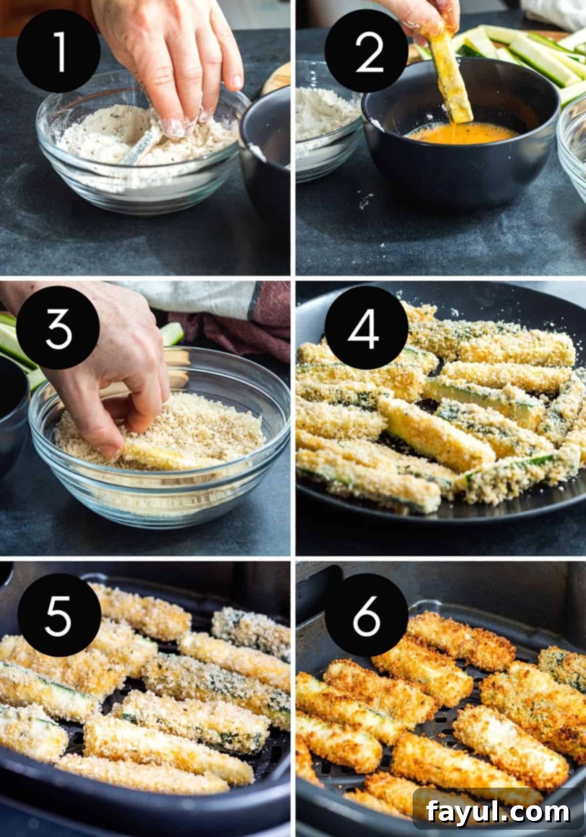 Crispy Garlic Parmesan Air Fryer Zucchini Fries 6 Six image collage illustrating the process of breading zucchini fries in three steps, then air frying them, and showing the final golden crispy result.