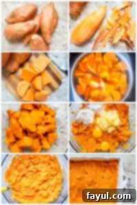 The best Southern Sweet Potato Casserole perfect for family holidays like Thanksgiving, Christmas and Easter! This easy holiday side dish is ready in about 40 minutes and can be made ahead of time for easy morning prep. This traditional southern dish has been a family favorite and tradition for over 70 years! Step by step recipe instructions, images, and VIDEO included! #recipe #food #Thanksgiving #casserole #holidays #familytradition #easyrecipe #vegetarian Step-by-step prep image showing peeled and chopped sweet potatoes, a bowl of ingredients for the filling, and a baking dish, illustrating the process of making Southern Sweet Potato Casserole.