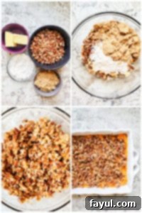 The best Southern Sweet Potato Casserole perfect for family holidays like Thanksgiving, Christmas and Easter! This easy holiday side dish is ready in about 40 minutes and can be made ahead of time for easy morning prep. This traditional southern dish has been a family favorite and tradition for over 70 years! Step by step recipe instructions, images, and VIDEO included! #recipe #food #Thanksgiving #casserole #holidays #familytradition #easyrecipe #vegetarian Prep image showing the pecan topping mixture in a bowl, ready to be spread over the sweet potato filling for Southern Sweet Potato Casserole.