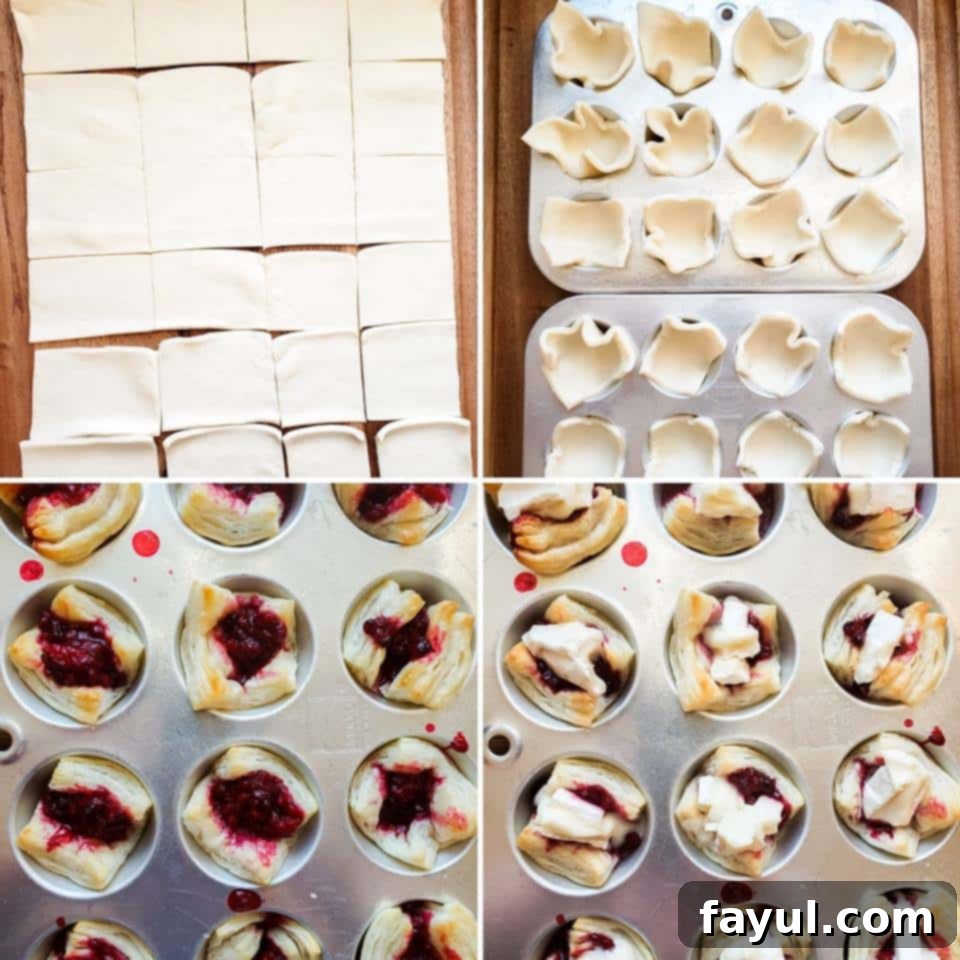 A four-image collage showing the preparation steps for making blackberry brie puff pastry bites, including cutting pastry, adding filling, topping with brie, and the final baked product.
