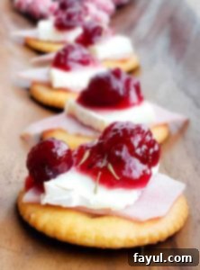 Ritz Bites with Ham, Cranberries, and Brie displayed in a line on a rustic wooden surface, with the front bite in sharp focus.