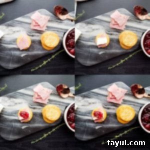 A collage showing the step-by-step assembly process for Ritz Bites with Ham, Brie, and Cranberries.
