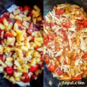 Preparation image showing raw ingredients in the crockpot next to the finished, shredded chicken and sauce, also in the crockpot.