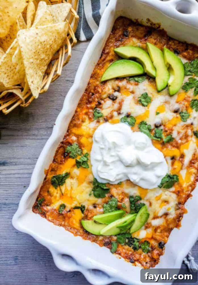 Creamy Baked Chicken Enchilada Dip 2 Baked chicken enchilada dip in a white baking dish with tortilla chips on the side, ready to be served.