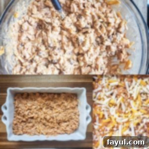 The BEST Baked Chicken Enchilada Dip recipe! This Mexican inspired appetizer is super easy and cheesy and filled with beans, corn and tons of flavor. Top with avocado, sour cream and cilantro for the perfect finish! A collage showing the preparation process of baked chicken enchilada dip. Top image shows ingredients being mixed in a bowl. Bottom left shows the dip in a baking dish before baking. Bottom right shows the baked dip topped with melted shredded cheese.