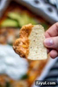 The BEST Baked Chicken Enchilada Dip recipe! This Mexican inspired appetizer is super easy and cheesy and filled with beans, corn and tons of flavor. Top with avocado, sour cream and cilantro for the perfect finish! Close-up shot of a tortilla chip laden with creamy chicken enchilada dip. The baking dish with the remaining dip is blurred in the background.