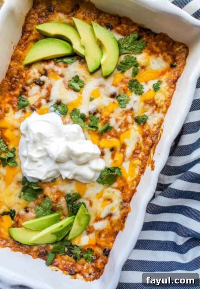 Creamy Baked Chicken Enchilada Dip 3 Overhead shot of the bubbling hot chicken enchilada dip in a white baking dish, ready to be served.