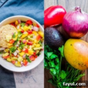 A beautiful flat lay of all the fresh ingredients for mango avocado salsa, including whole produce and the finished chopped salsa in a bowl.