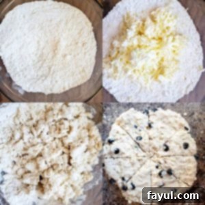 These Blueberry White Chocolate Scones with Lemon Glaze are the perfect sweet breakfast or afternoon tea treat! This easy dessert recipe will be your new family favorite! #scones #breakfast #dessert #blueberry #recipe Prep image for blueberry white chocolate scones. Image is a collage showing the dough being made in a glass bowl.