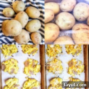 A four-panel collage showing the step-by-step process of making crispy smashed potatoes: boiling, smashing, baking with cheese, and final buffalo sauce topping.