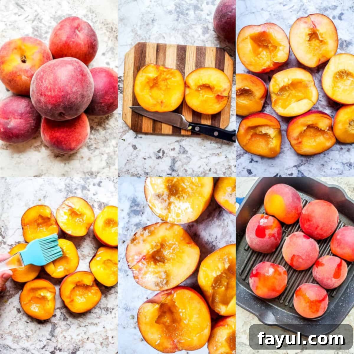 Prep image for grilled peach recipe. The image is a collage on 6 image showing step by step preparation and cooking.