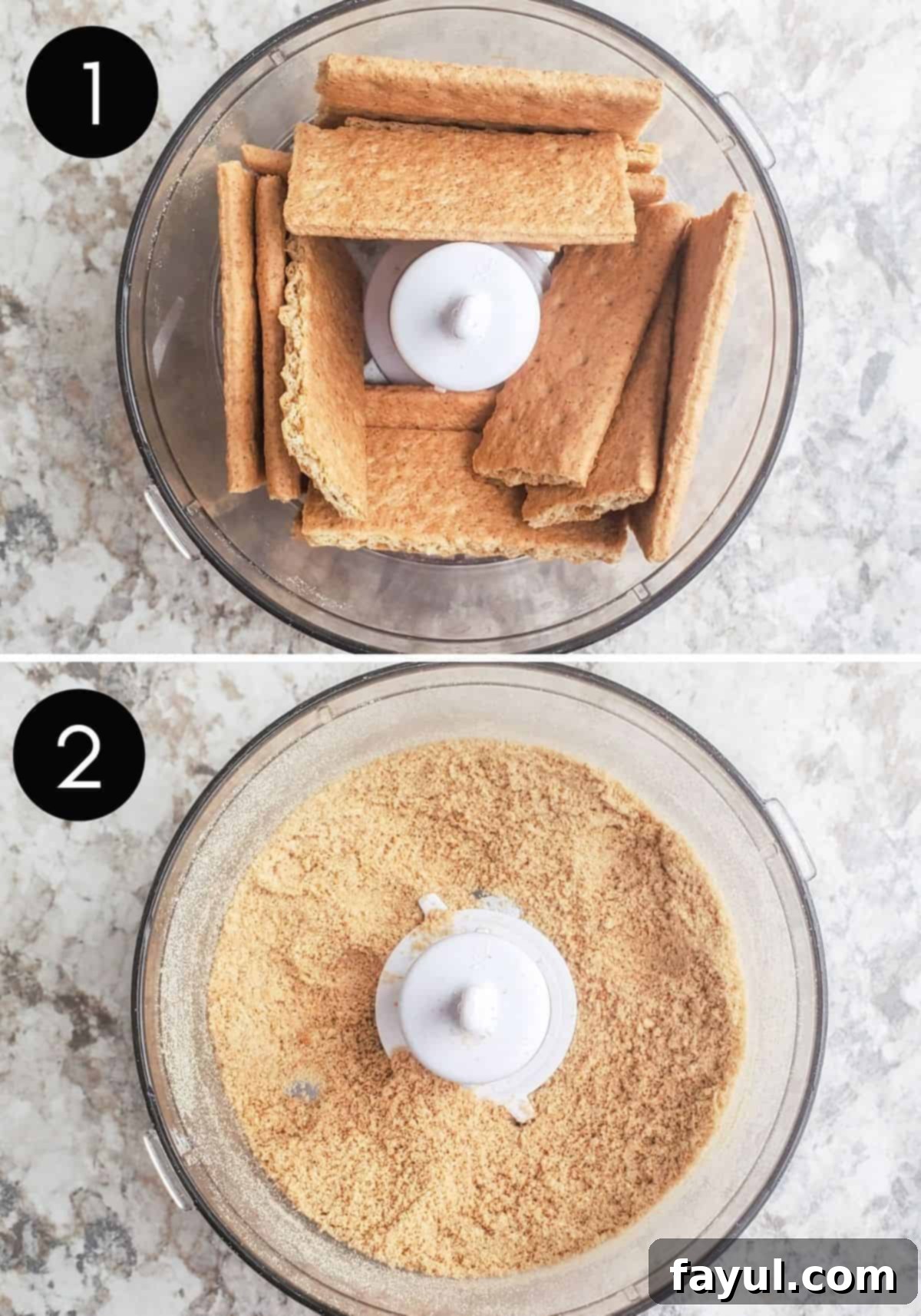 Overhead shot of graham crackers being ground in food processor in two shots with numbered overlay.