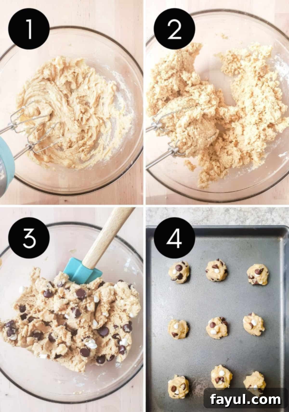 Four prep image collage showing cookie dough be made with number overlay.