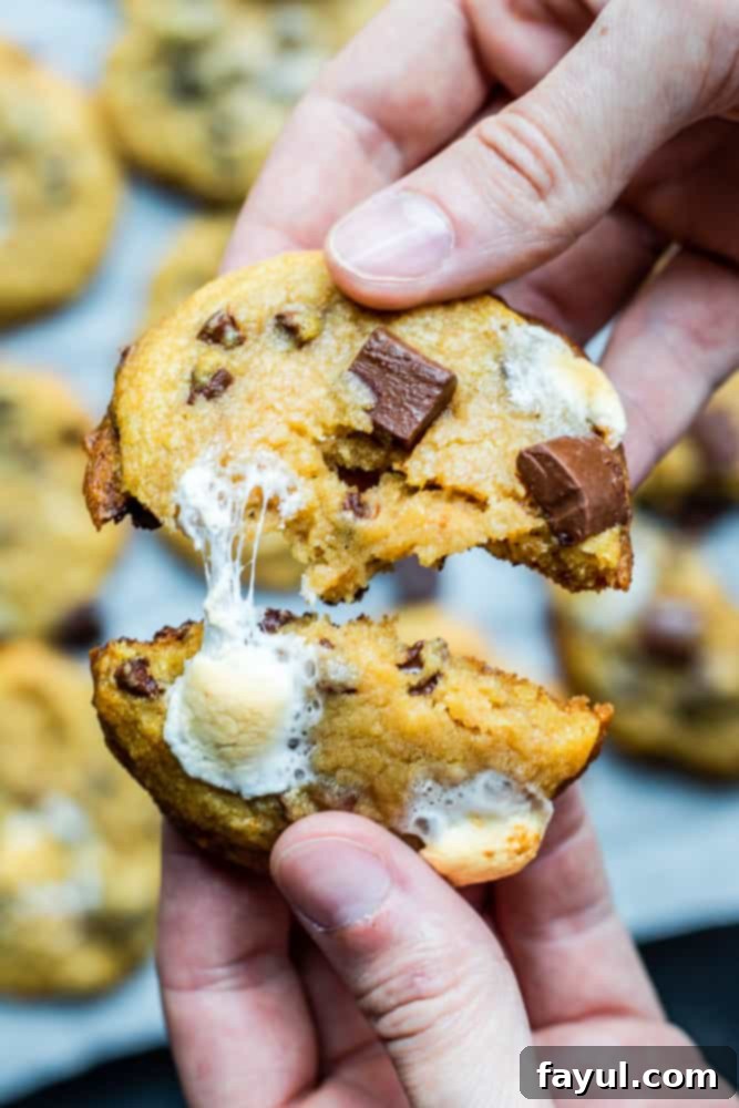 Image of hand pulling a s'mores cookie apart, showing the gooey marshmallow and melted chocolate inside.