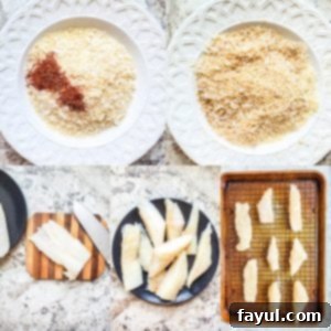 Detailed prep image for baked fish tacos, illustrating the breading process and fish preparation steps before baking.