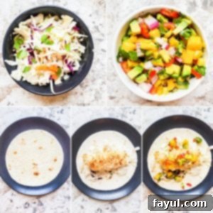 A series of five preparation images showing ingredients and assembly steps for delicious healthy fish tacos.