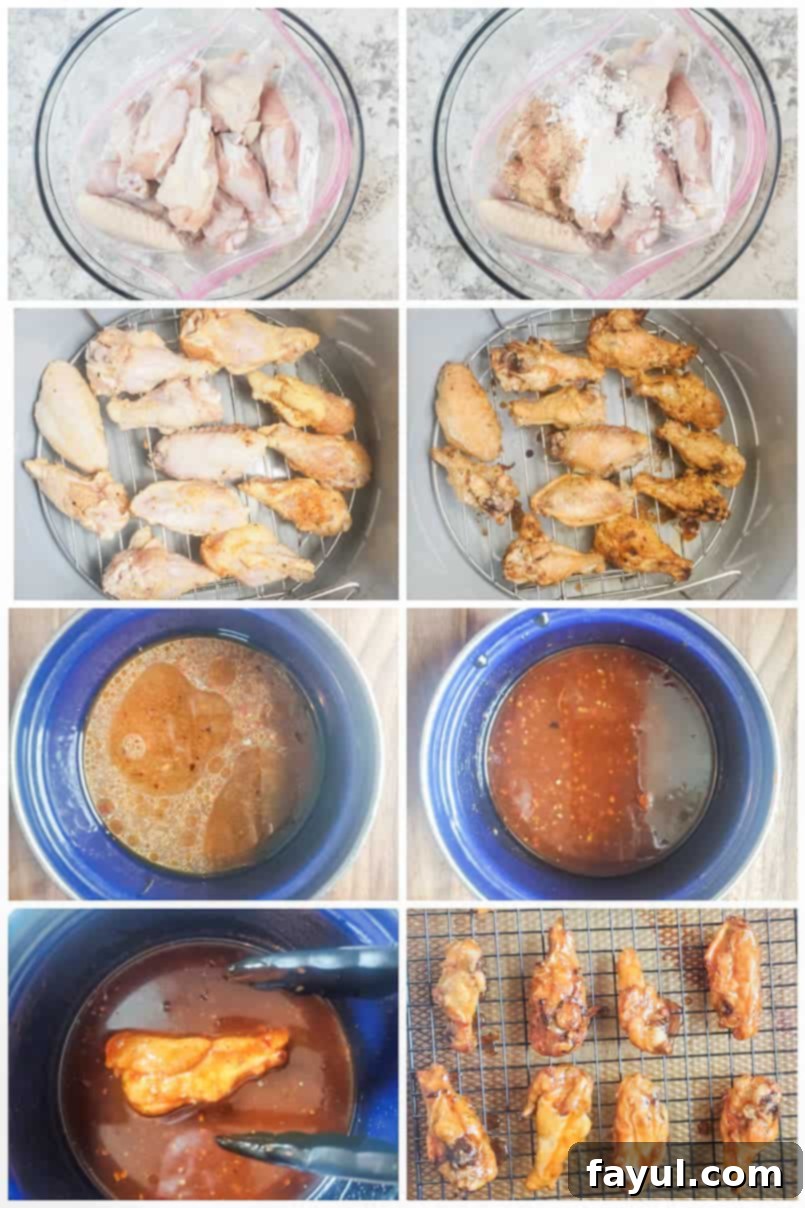 Prep image showing step-by-step process of making sweet chili chicken wings, from seasoning to saucing.
