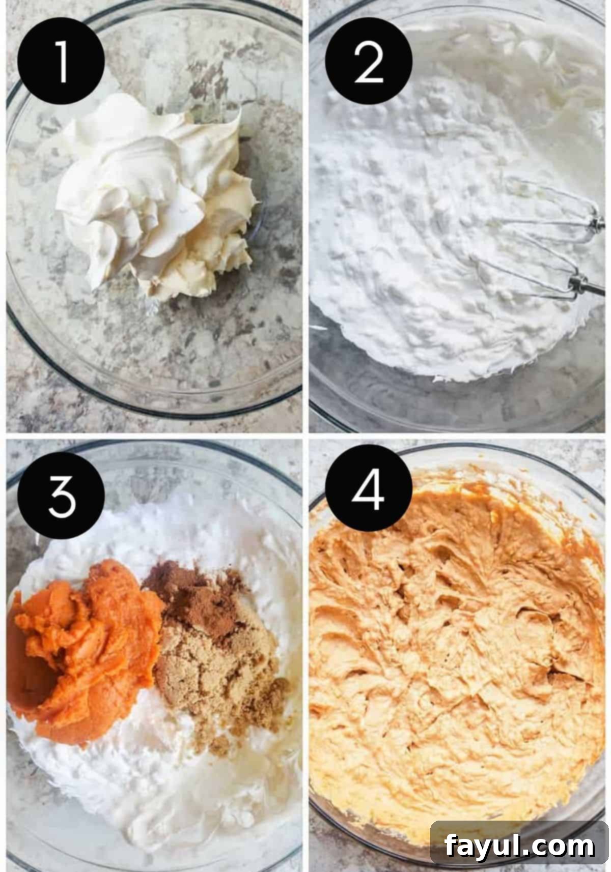 Four numbered prep images showing the step-by-step process of making pumpkin cheesecake dip, from mixing cream cheese and cool whip to adding pumpkin and spices, and finally the finished fluffy dip.