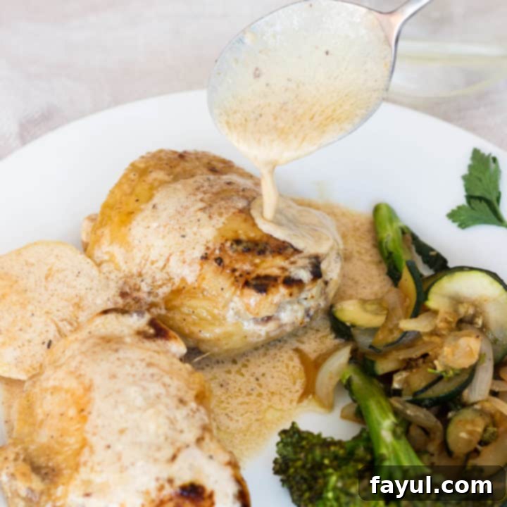 Golden brown creamy lemony chicken thighs, a quick and delicious dinner solution.