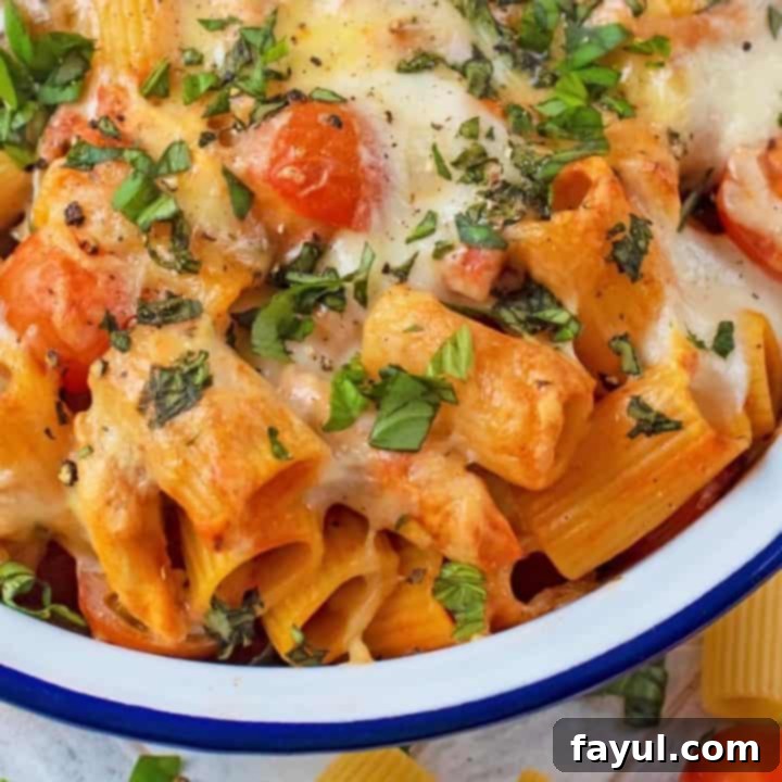 A creamy tomato and chicken pasta bake, topped with melted cheese and fresh herbs, a comforting and quick family meal.