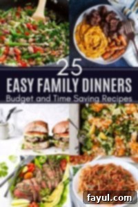 A Pinterest-friendly collage image showcasing various easy family dinner recipes, with prominent white text in the center.