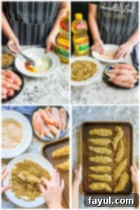 An easy-to-follow prep image collage demonstrating how to make Pistachio Crusted Baked Chicken Tenders. This 30-minute recipe is healthy, kid-friendly, and ideal for meal prep. Chicken is coated in Greek yogurt, Mazola Corn Oil, and crushed pistachios for a flavorful, low-carb, keto, and paleo alternative. Detailed step-by-step instructions included. #chickentenders #healthy #keto #lowcard #paleo A visual collage illustrating the step-by-step preparation of chicken tenders, from coating the chicken to placing them on a baking rack, showing the careful attention to detail for a perfect crust.