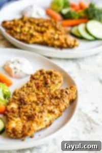 Enjoy this easy and healthy Pistachio Crusted Baked Chicken Tenders Recipe, ready in just 30 minutes! A perfect meal for both kids and adults, and excellent for work week meal prep. Chicken is coated in Greek yogurt, Mazola Corn Oil, and crushed pistachios, offering a healthy, low-carb, keto, and paleo alternative. Step-by-step cooking instructions included. #chickentenders #healthy #keto #lowcard #paleo Two perfectly baked pistachio-crusted chicken tenders presented on a pristine white plate, with another plate gently blurred in the background, suggesting a family-style serving.