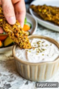 An easy and healthy Pistachio Crusted Baked Chicken Tenders Recipe, ready in only 30 minutes! Kid and adult friendly, perfect for meal prep. Chicken is coated in Greek yogurt, Mazola Corn Oil, and crushed pistachios for a delicious, low-carb, keto, and paleo alternative. #chickentenders #healthy #keto #lowcard #paleo A close-up shot of a crispy pistachio-crusted chicken tender being dipped into a creamy, luscious ranch dip in a stylish gray bowl, highlighting the perfect pairing.
