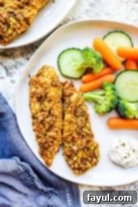 This Pistachio Crusted Baked Chicken Tenders Recipe is an easy, healthy, and quick 30-minute meal for busy weeknights. Kid and adult-friendly, and perfect for meal prep. Made with chicken dunked in Greek yogurt and Mazola Corn Oil, then coated in crushed pistachios for a delicious, low-carb, keto, and paleo alternative. Detailed step-by-step instructions provided. #chickentenders #healthy #keto #lowcard #paleo Two beautifully baked pistachio-crusted chicken tenders served on a white plate, accompanied by a vibrant assortment of fresh, colorful vegetables, all resting on a clean white countertop.