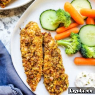 Chicken tenders on a white plate with veggies on a white counter.