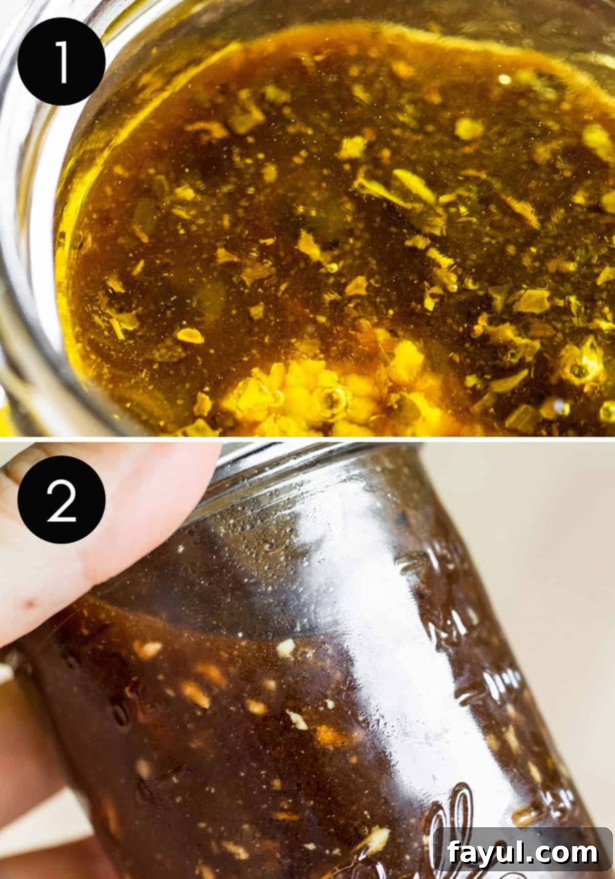 Artisan Balsamic Vinaigrette 3 Prep image collage with two images of dressing being combined and shaken.