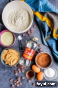 Fresh ingredients for Chewy Double Chocolate Chip Cookies. Featuring semi-sweet chocolate chunks and Karo Corn Syrup for a soft, chewy texture. No chilling needed, ready in 20 minutes! Overhead shot of all of the ingredients for chewy double chocolate chip cookie recipe laid out on a blue counter, including flour, cocoa powder, sugars, butter, eggs, and chocolate chunks.