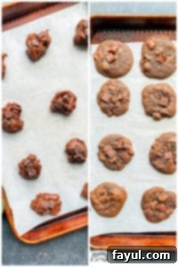 Before and after of Chewy Double Chocolate Chip Cookies on a tray, showcasing the ease of this no-chill recipe with Karo Corn Syrup for ultimate chewiness. Prep image showing unbaked double chocolate chip cookie dough balls on a baking sheet next to a row of perfectly baked cookies on the same sheet.