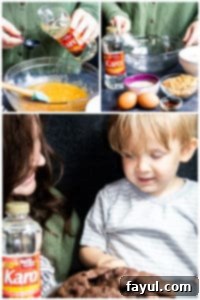 Making and enjoying Chewy Double Chocolate Chip Cookies: a perfect family activity with this easy, no-chill recipe featuring Karo Corn Syrup. Prep image showing ingredients being added to a glass bowl for double chocolate chip cookies, and a finished shot with a mother and son enjoying the baked cookies.