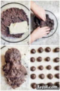 Prep image for Oreo balls showing truffle dough being made and rolled into balls.