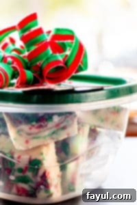 Festive Sugar Cookie Fudge in a Rubbermaid TakeAlongs container for holiday gifting. A festive piece of sugar cookie fudge in a clear Rubbermaid TakeAlongs container with a green lid, adorned with a red and green bow, ready for gifting.
