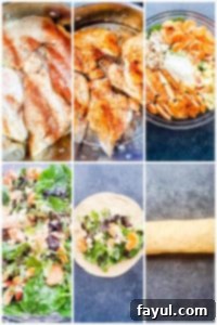 Six image collage showing chicken cooking, ingredients in glass bowl and rolling the wrap.