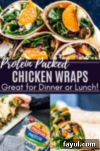 Pin 1 for healthy chicken wraps showing three recipe images with text in the middle.