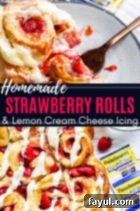 Pinterest pin showing two images of strawberry rolls with descriptive text.