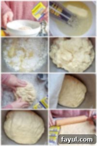 Collage of step-by-step images showing the process of making strawberry roll dough.