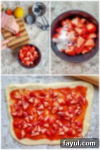 Prep image showing a bowl of sliced fresh strawberries with sugar, ready for the roll filling.