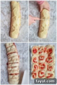 Prep image demonstrating how to precisely cut strawberry rolls into individual portions.