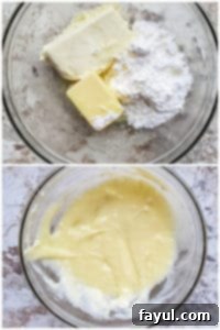 Prep image showing lemon cream cheese icing being prepared in a clear glass bowl with a whisk.