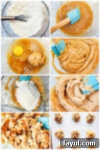 A collage of prep images showing flour being added to wet ingredients, then mini peanut butter cups and pretzels being folded into the cookie dough.