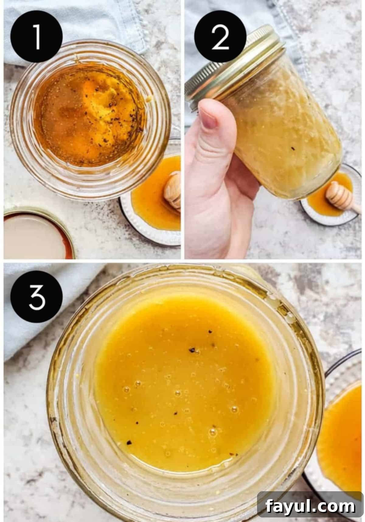 Simple Homemade Honey Dijon Vinaigrette 2 Three prep image collage showing dressing being made in jar.