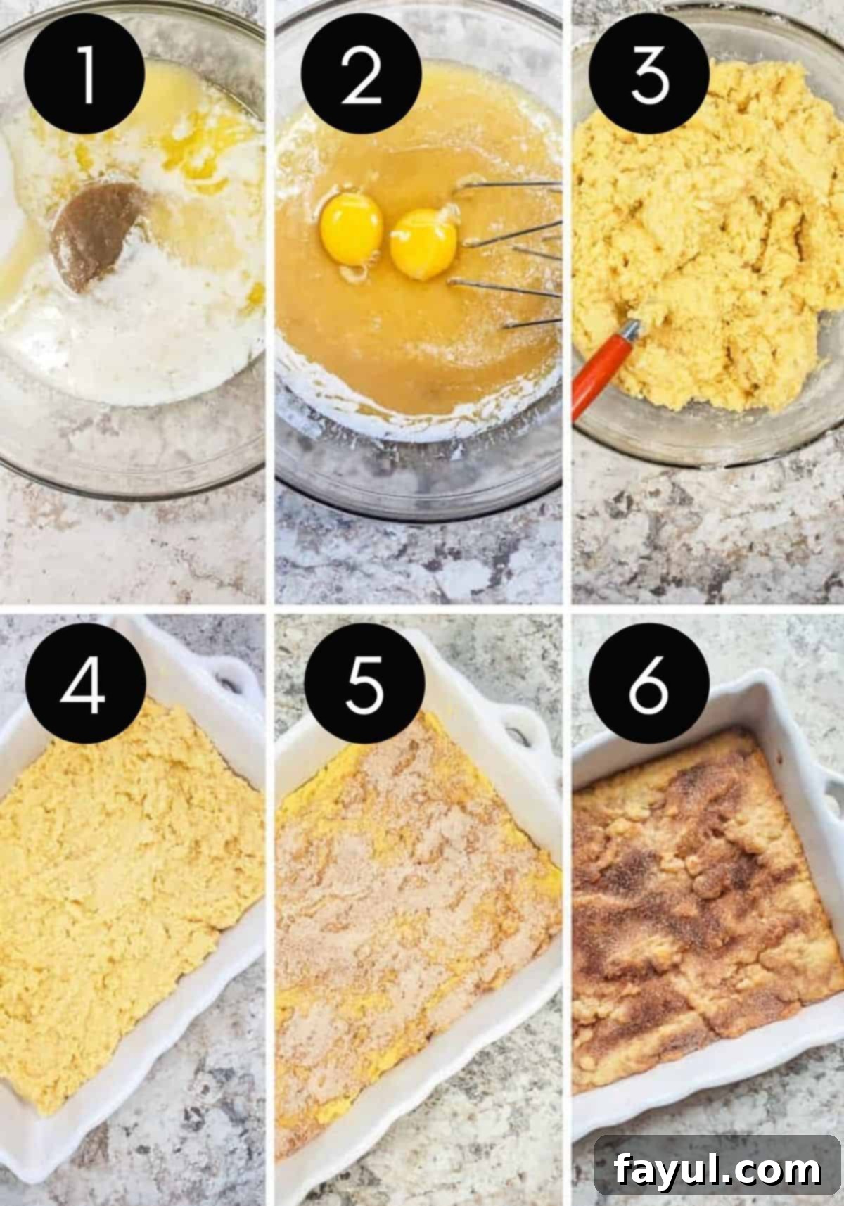 A collage of three preparation images showing steps for making snickerdoodle blondies, with text overlays explaining each step.