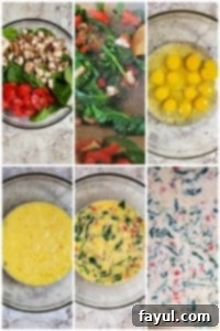 Breakfast Sandwich Prep: From fresh veggies to baked egg mixture, step-by-step visuals for easy make-ahead freezer sandwiches. A sequence of prep images showing fresh vegetables in a glass bowl, then being cooked in a skillet, and finally combined with whisked eggs for the breakfast sandwiches.