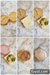 Visual guide for assembling make-ahead breakfast sandwiches: egg patties, cheese, and Canadian bacon on English muffins for quick meal prep. Step-by-step images illustrating the assembly of make-ahead breakfast sandwiches, showing layers of egg, cheese, and Canadian bacon on English muffins.