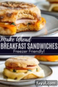 Pin This Recipe: Make Ahead Breakfast Sandwiches – Easy, Freezer-Friendly Meal Prep for Delicious Mornings. Save for later! A Pinterest pin featuring two enticing images of make-ahead breakfast sandwiches on gray plates, with white text in the middle promoting the recipe.