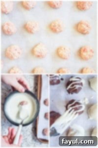 From Plain to Perfectly Decorated: The Truffle Coating and Drizzling Process A collage demonstrating the truffle decorating process: truffles on a baking sheet, then being dipped in melted chocolate, and finally adorned with a chocolate drizzle.